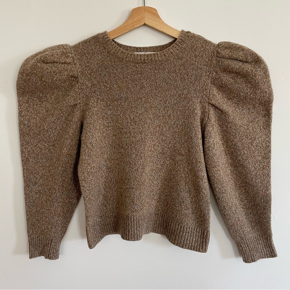Frame Denim Brown Cashmere Puff Sleeve Crewneck Sweater